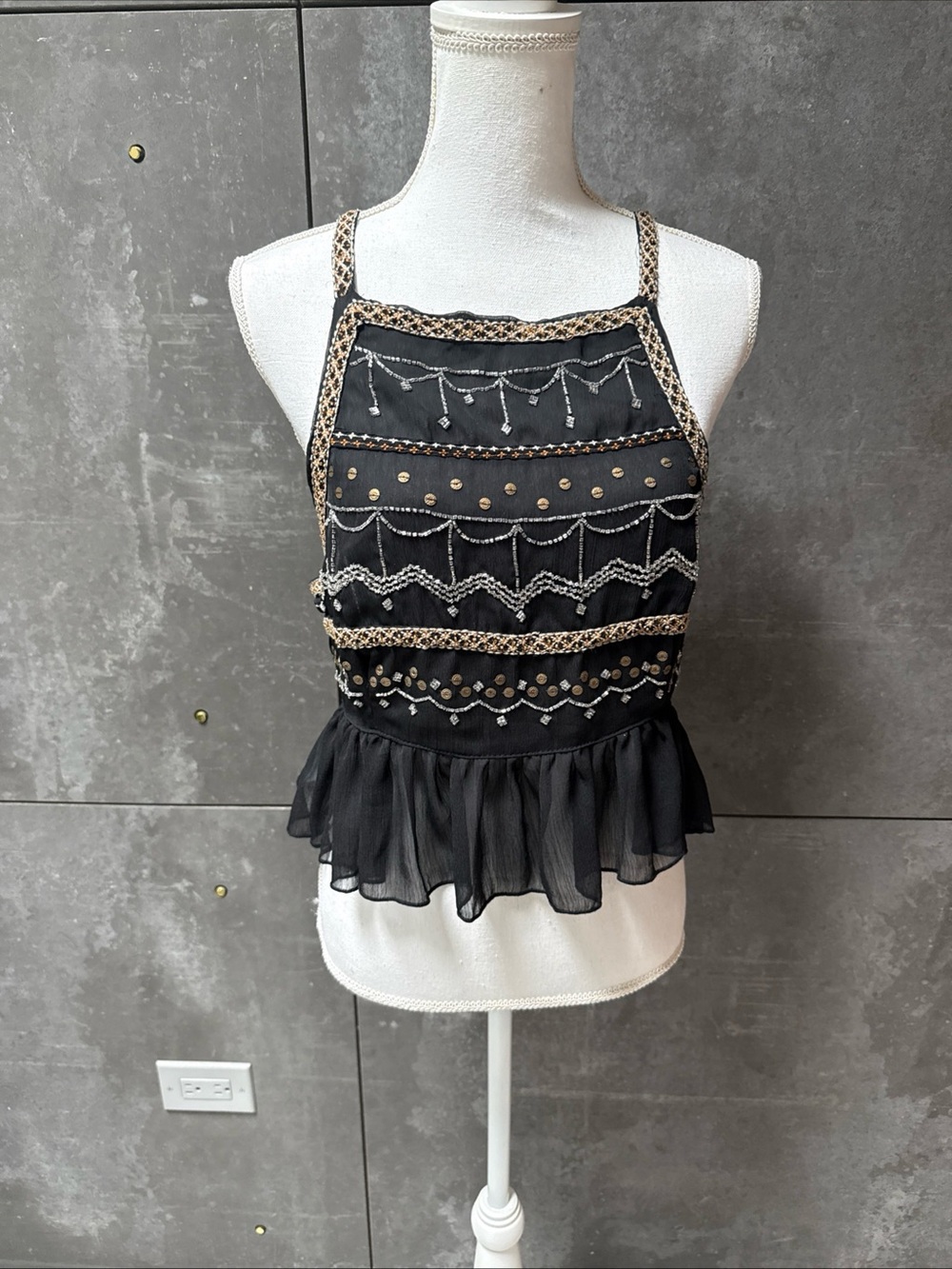 Free People Black Embellished Halter Camisole with Gold Accents